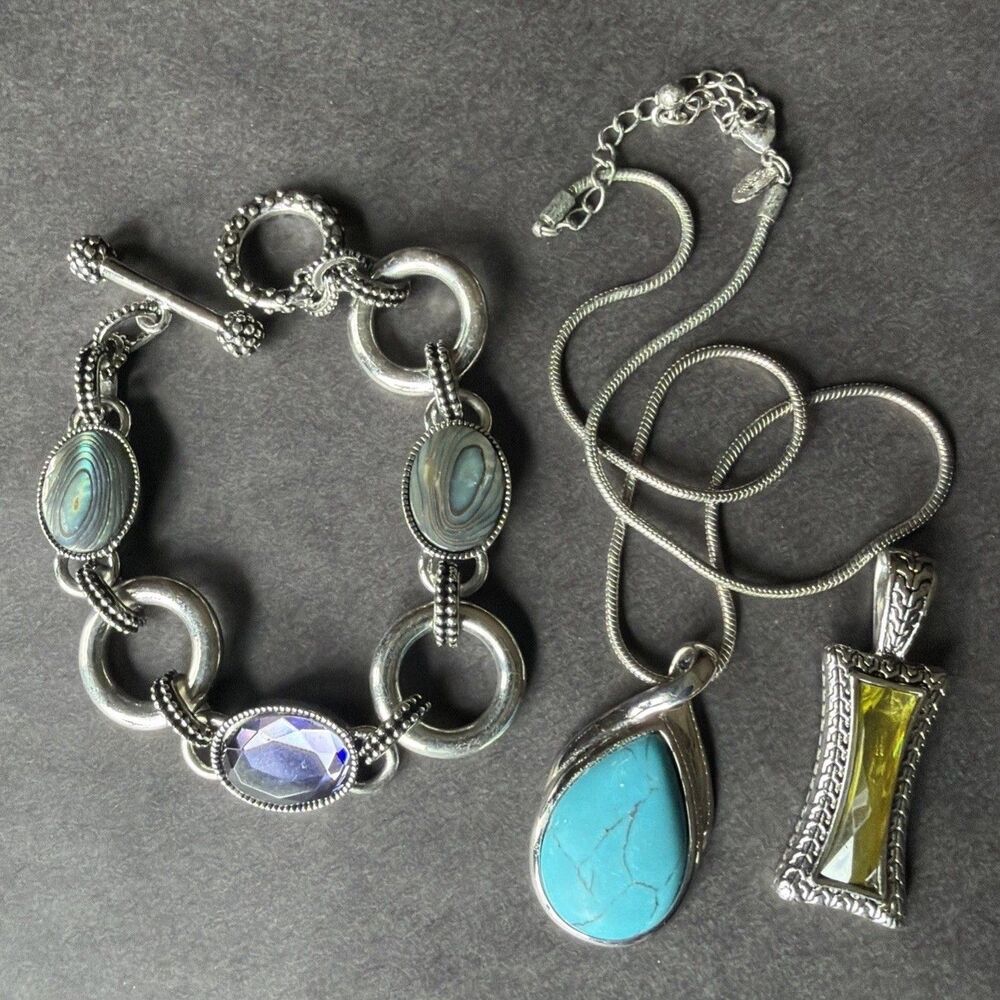 Lia Sophia Lot: Abalone & Purple Toggle Bracelet & Snake Necklace With Pendants